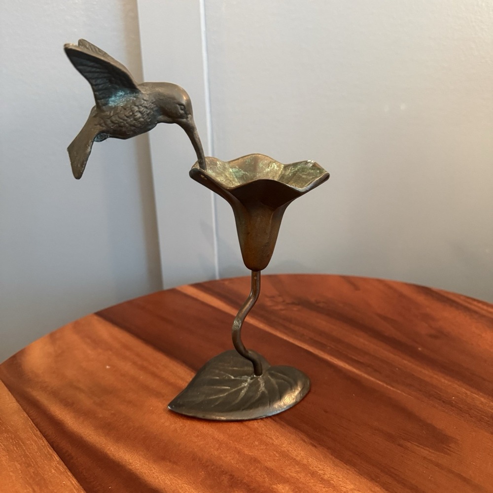 Vintage Bronze Hummingbird Trumpet Flower Sculpture Patina Bird Figurine 9"